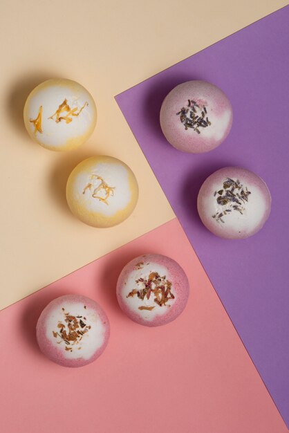 Above view therapeutic  bath bombs still life
