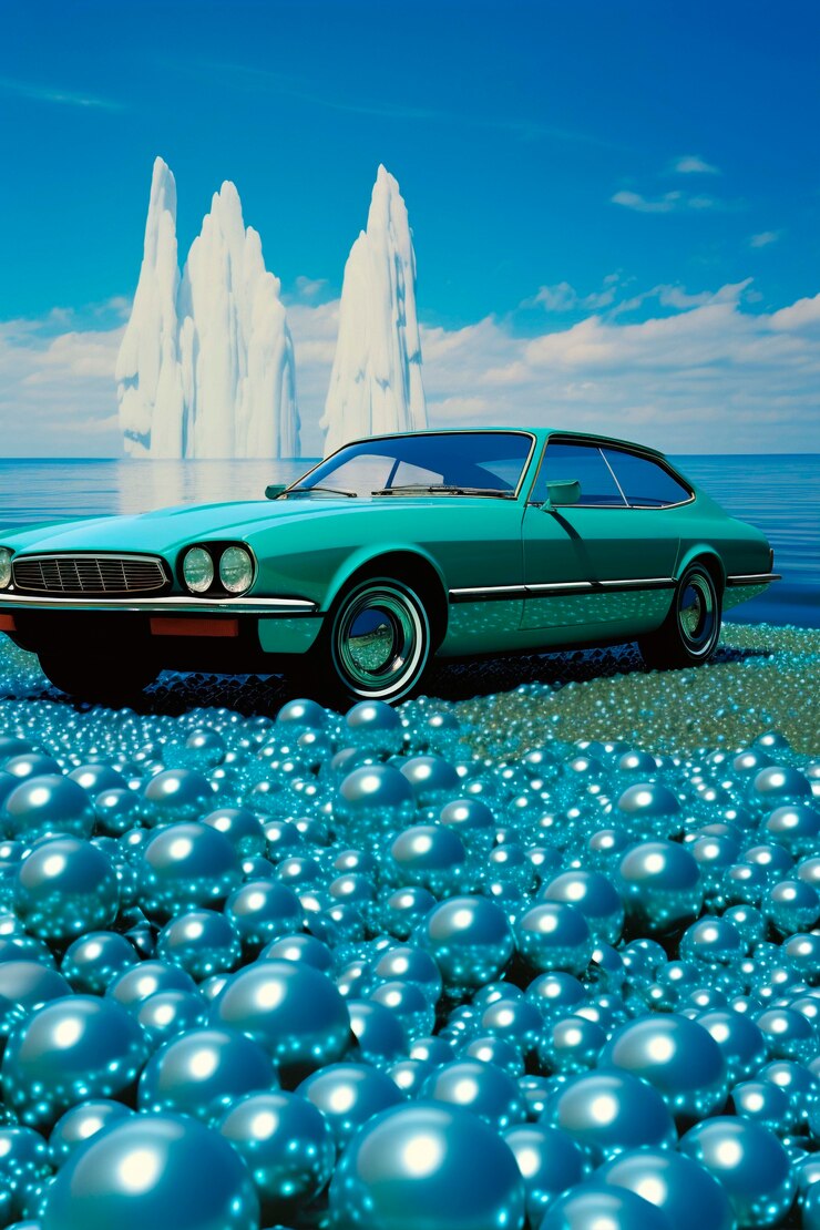 Free Photo view of three-dimensional car with abstract spheres background
