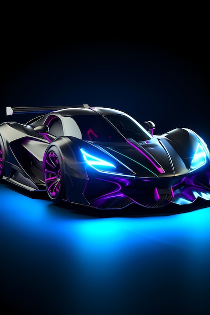 View of three-dimensional car with neon lights