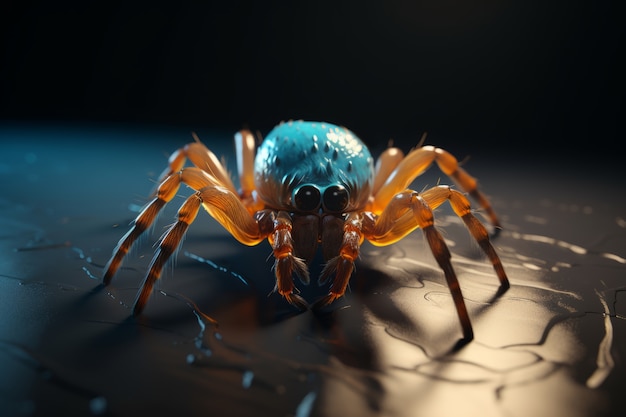 View of three-dimensional spider with legs and chelicerae