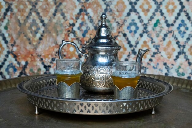 View of traditional tea set on a table in Marrakech