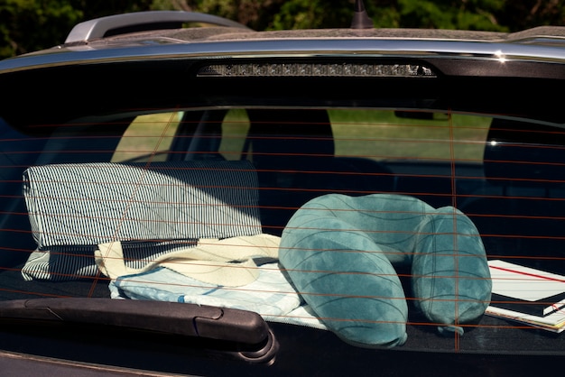 View of travel items inside car ready for trip