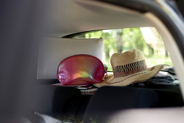 View of travel items inside car ready for trip