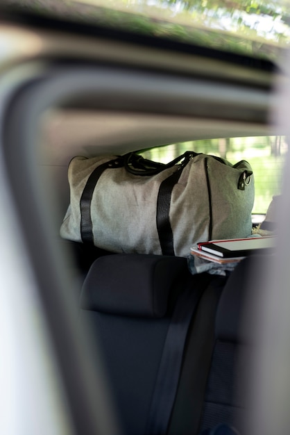 View of travel items inside car ready for trip