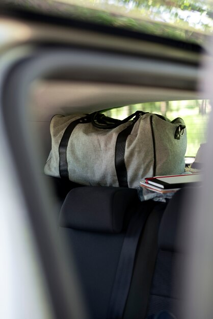 View of travel items inside car ready for trip