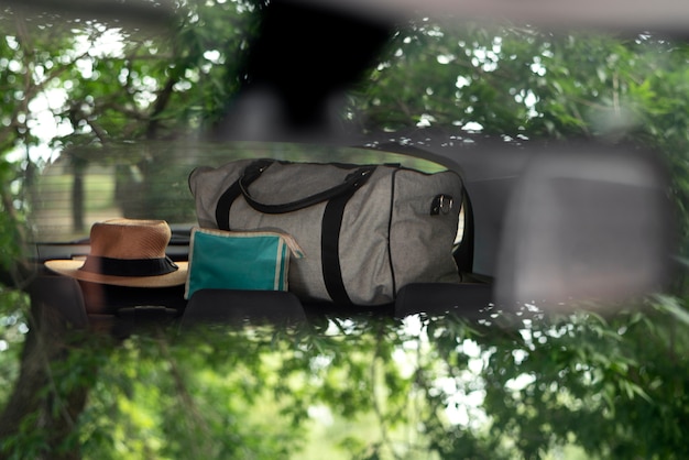 View of travel items inside car ready for trip