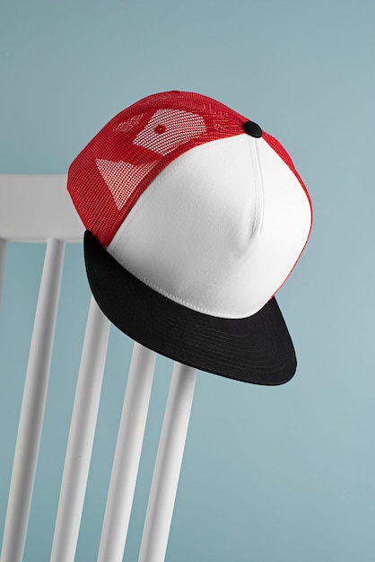 view of trucker hat on chair
