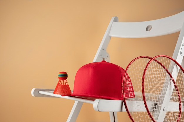 View of trucker hat with badminton set