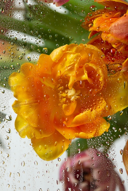 View of tulip flowers behind condensed glass