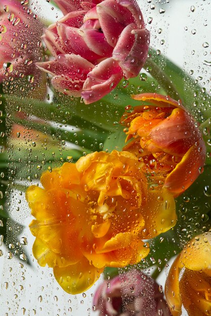 View of tulip flowers behind condensed glass