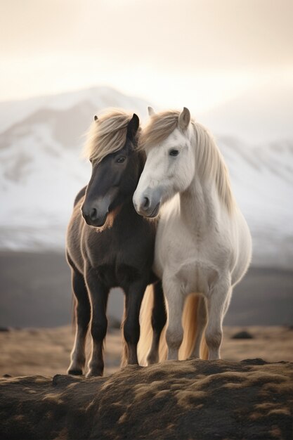 自然の中の2匹の馬の景色