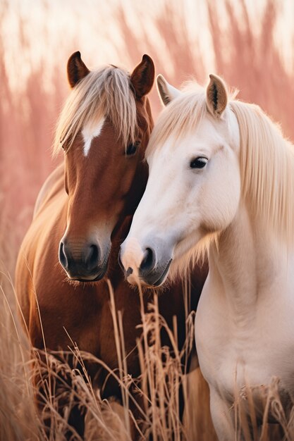 自然の中の2匹の馬の景色