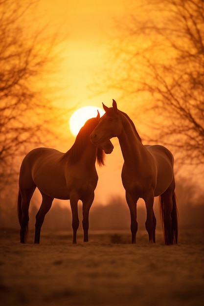 自然の中の2匹の馬の景色