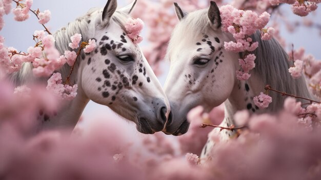 自然の中の2匹の馬の景色