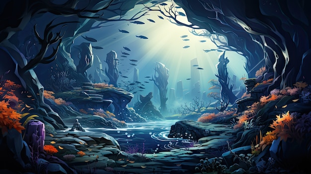 View of underwater sea life in cartoon style