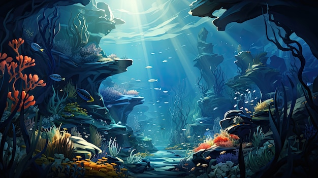 Free photo view of underwater sea life in cartoon style