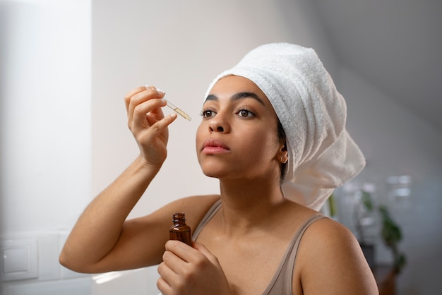 View of unshaven woman at home in daily life scene