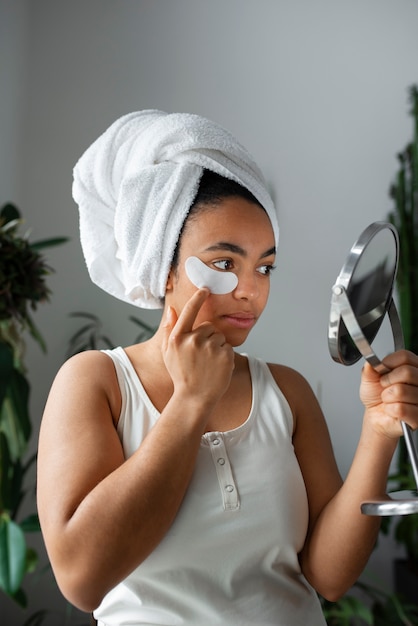 View of unshaven woman at home in daily life scene