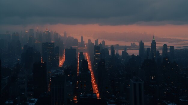 View of urban dark city with fog