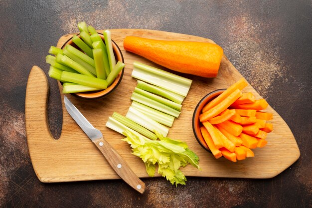 Above view vegetables on wooden board