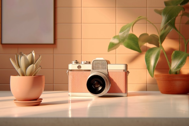 Foto gratuita vista di un dispositivo di telecamera vintage in tonalità di noce