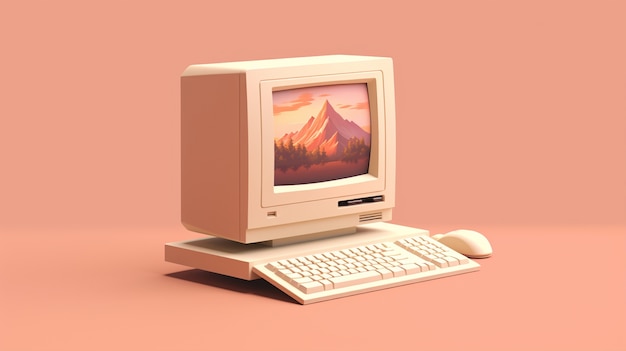 View of vintage computer with simple background