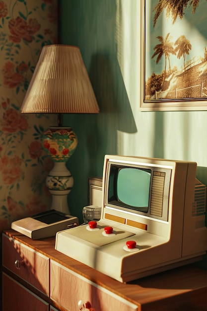 Vista di una console di gioco vintage in tonalità di noce