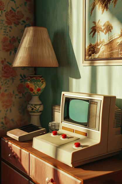 View of vintage game console in nutshell tones