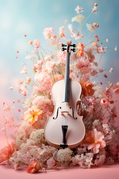 Vista di un violino con fiori primaverili in fiore