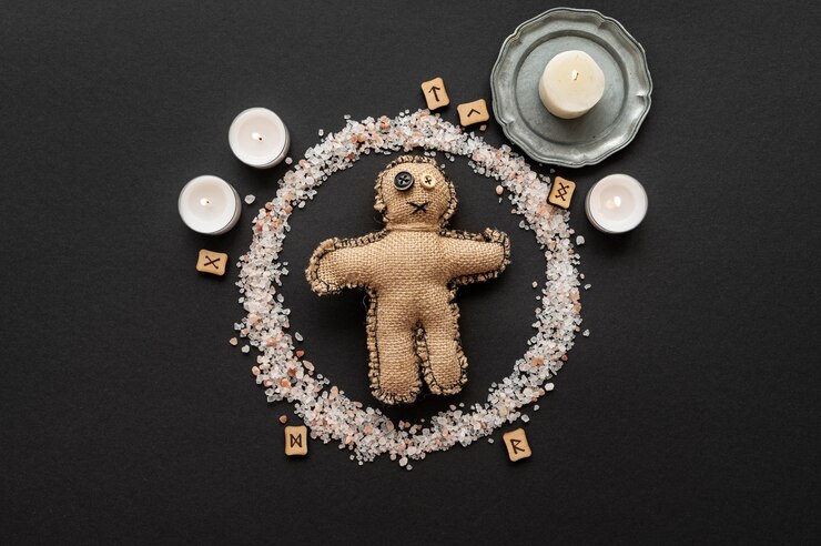 Free Photo above view voodoo doll and esoteric items