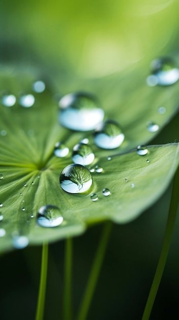 Вид капель воды на листьях