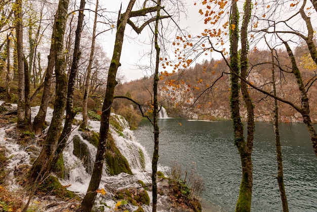 Vista delle cascate nel parco nazionale dei laghi di plitvice in croazia