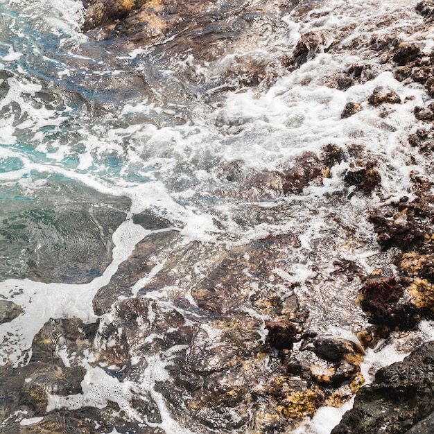 Above view waves at rocky shore