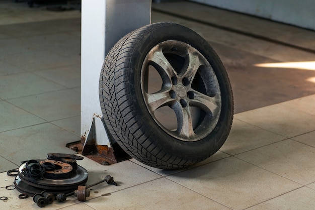 View of wheel in the car repair shop