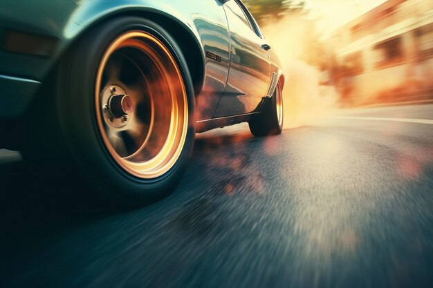 view of wheel on car running at high speed