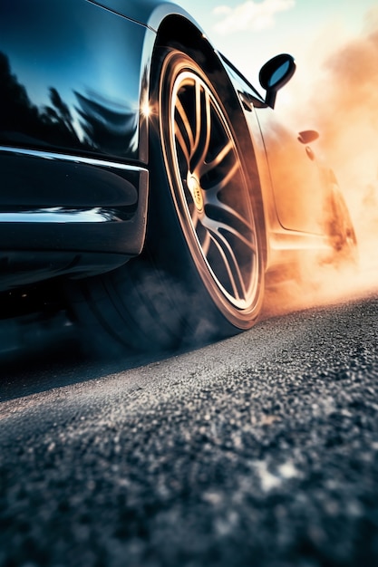 View of wheel on car running at high speed