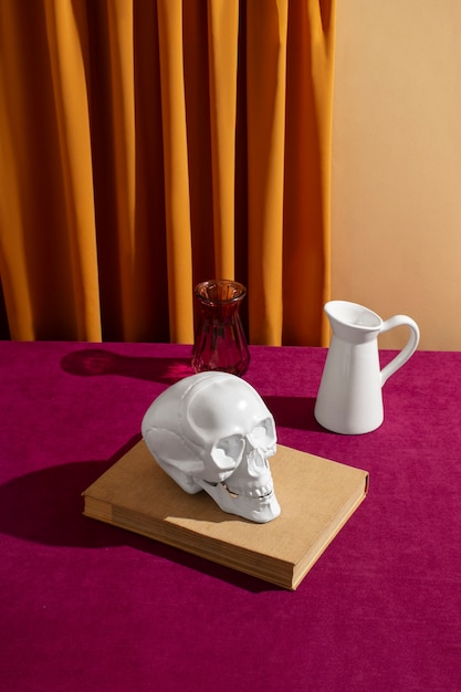 View of white skull with book and vase