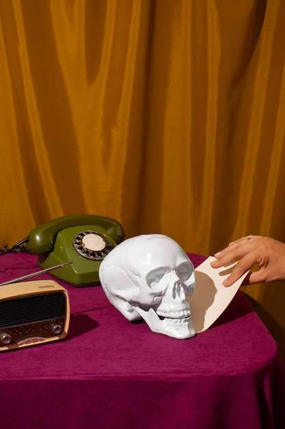 View of white skull with telephone and radio