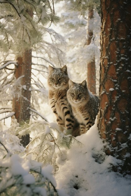 View of wild bobcat with snow in winter