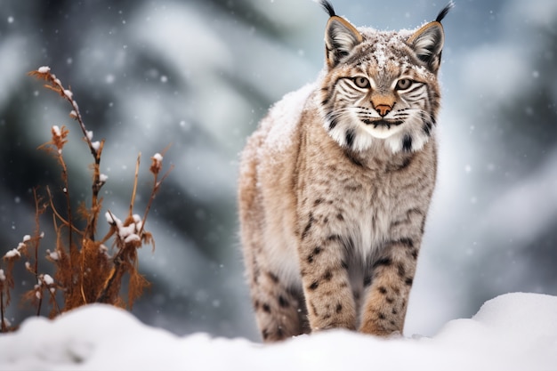 Foto gratuita vista del gatto selvatico con neve in inverno