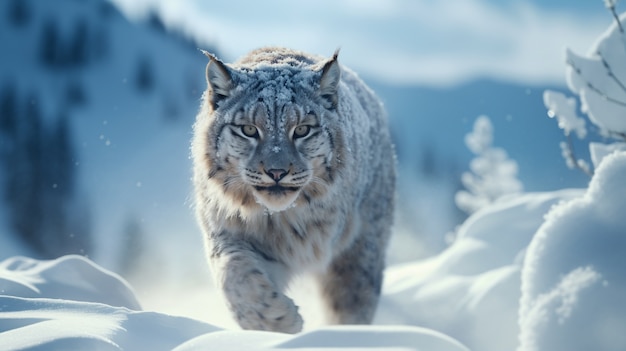 Foto gratuita vista del gatto selvatico con neve in inverno