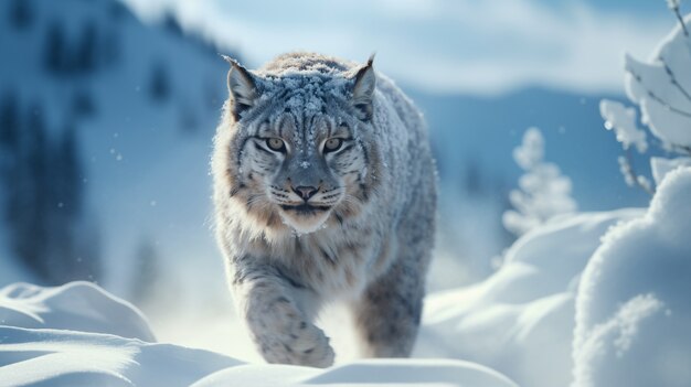 View of wild bobcat with snow in winter