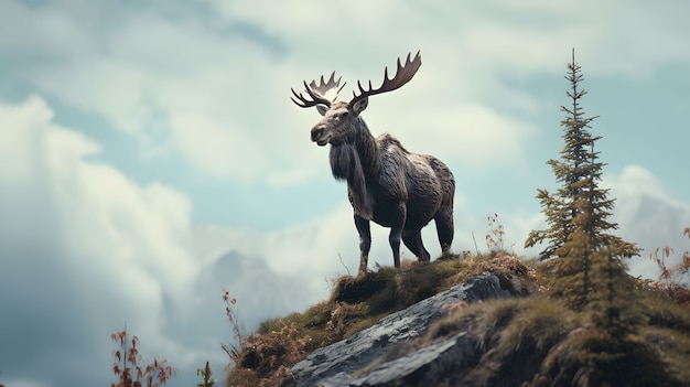 View of wild elk roaming in nature landscape