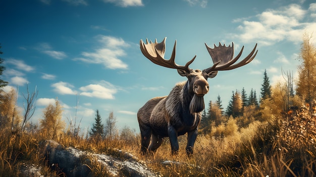 View of wild elk roaming in nature landscape