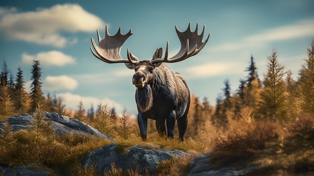 View of wild elk roaming in nature landscape