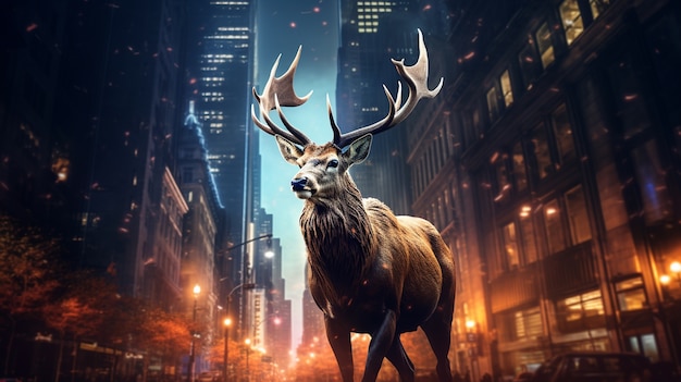 Free photo view of wild elk with urban landscape