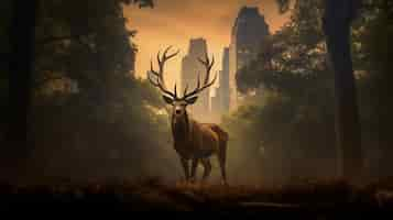 Free photo view of wild elk with urban landscape