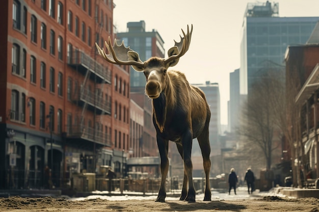 Free photo view of wild elk with urban landscape