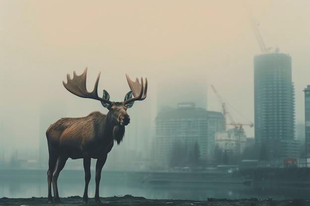 Free photo view of wild elk with urban landscape