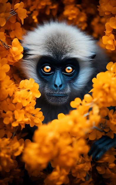 Free photo view of wild gibbon ape in nature with flowers